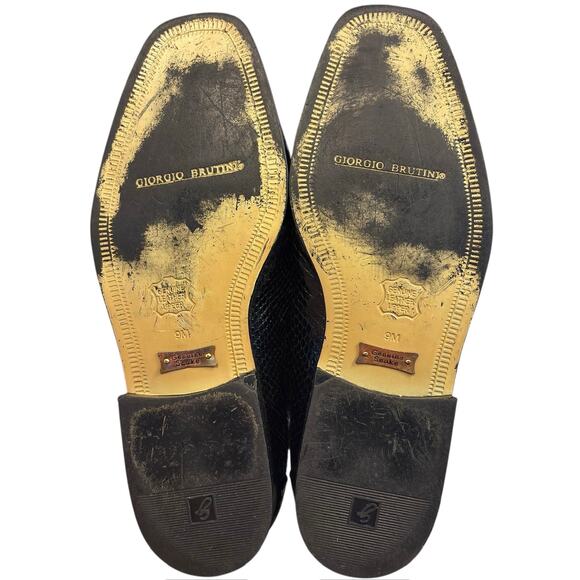 Giorgio Brutini Mens Black Snakeskin Loafers Size 9 Gold Lion Medallion Vintage